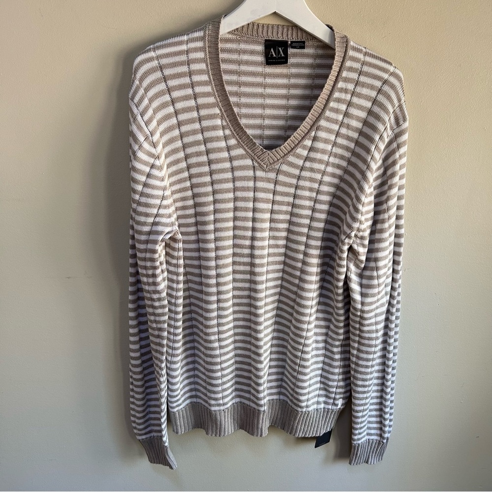 AX Armani Exchange ~new ~Men’s Authentic White Striped V -Neck Pullover - Large